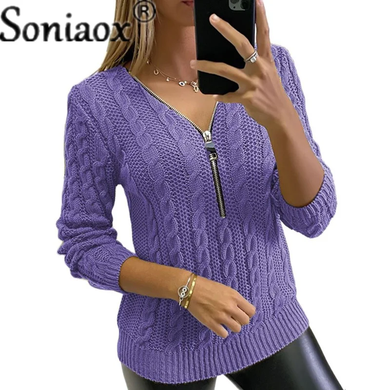 Suéter informal de manga larga para mujer, Jersey de punto con cremallera y giro, Color liso, para oficina, otoño e invierno, 2021