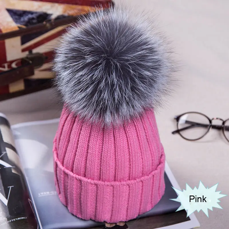 Winter NEW Women Pom Pom Beanies Warm Knitted Bobble Girl Fur Pompom Hats Real Raccoon Fur Pompon Casual Hat Cap