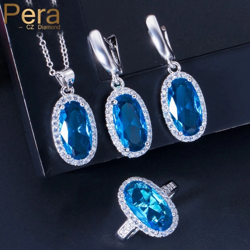 Pera 7 Colors Choice Fashion Ladies Evening Party Big Oval Cute Drop Light Blue Cubic Zirconia 3 Pcs Necklace Earrings Sets J218