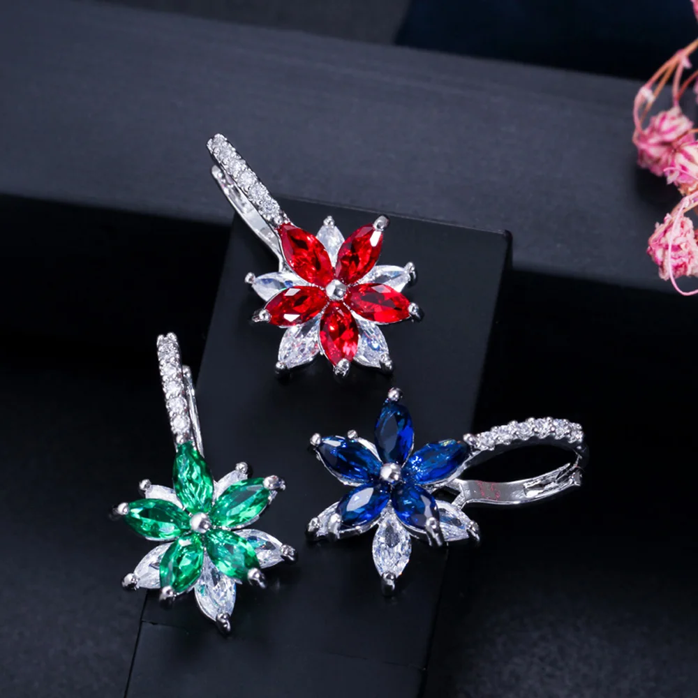 ThreeGraces Fashion Multi Green Pink Red Cubic Zircon Crystal Marquise Cut Lovely Flower Party Stud Earrings for Ladies ER311