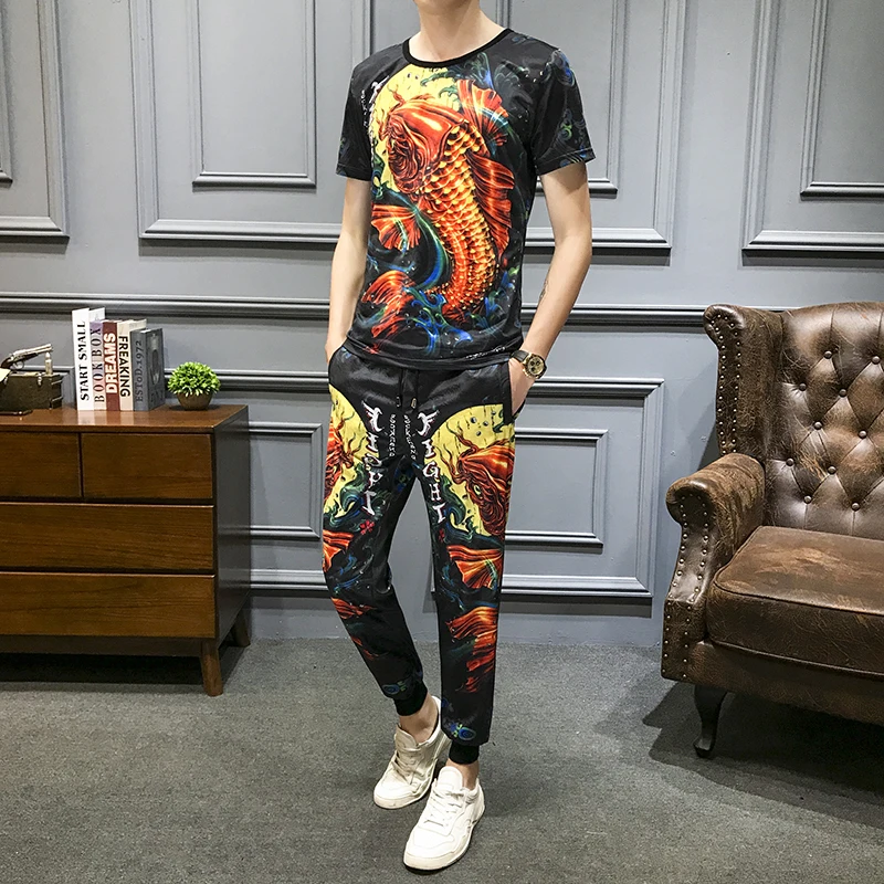 Top And Tracksuit Pants Men Fish Print Short Sleeve T Shirt 2 Piece Set Men Slim Fit Outfits Men Set 2020 Spring High Quality