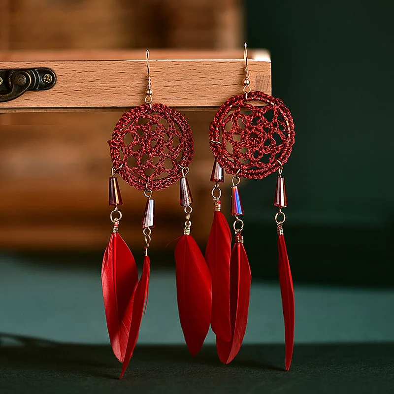 Feather Fringed Dreamcatcher Long Earring for Women Red Blue Black Feather Tassel Earrings Handmade Boho Ethnic Earings Jewelry