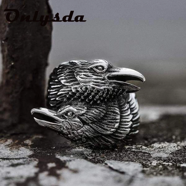 Viking Men Two Entwined Ravens Ring Norse Mythology Silver Color Odin Crow Stainless Steel Rings Nordic Amulet Jewelry OSR434