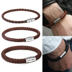 Classic Men's Leather Bracelet Retro Brown Black Braided Bracelets Stainless Steel Magnet Clasp Simple Jewelry Gift For Him Dad