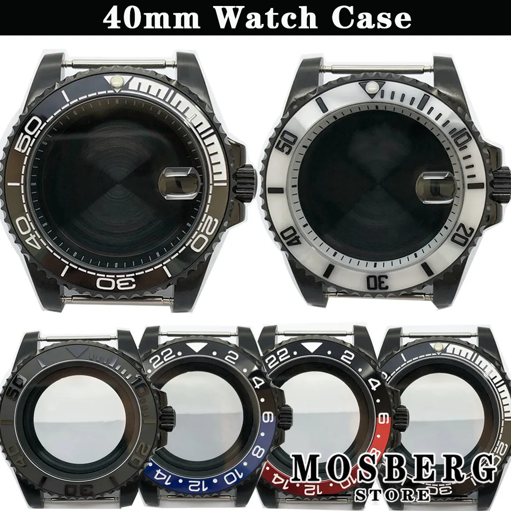 

40mm Black Watch Case Bezel Solid 316L Stainless Steel Sapphire Glass For NH35 NH36 ETA2824 Seagull 2130 PT5000 Movement