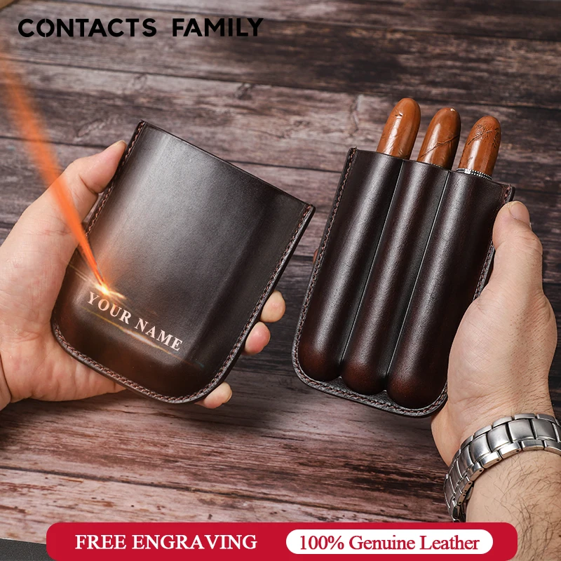 CONTACT\'S FAMILY Vintage Oil Cow Leather Cigar Case Holster 1/2/3 Tubes Holder Mini Humidor Box Travel Storage Cigar Accessories