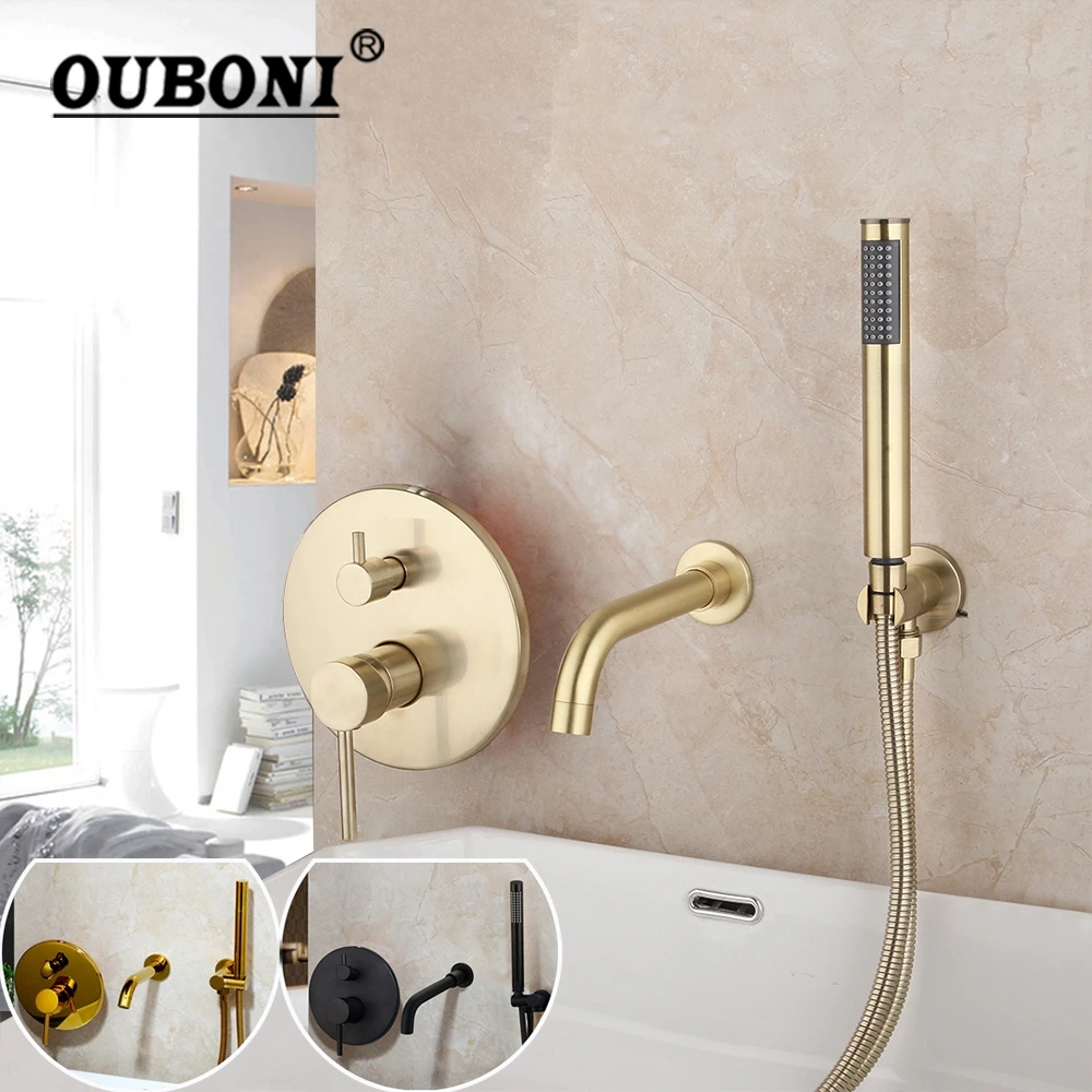 OUBONI Brush Gold Bathroom Shower Systerm Bathtub Faucet Wall Mount Golden Plated 2 Ways athtub Mixer Shower Set Mixer Tap