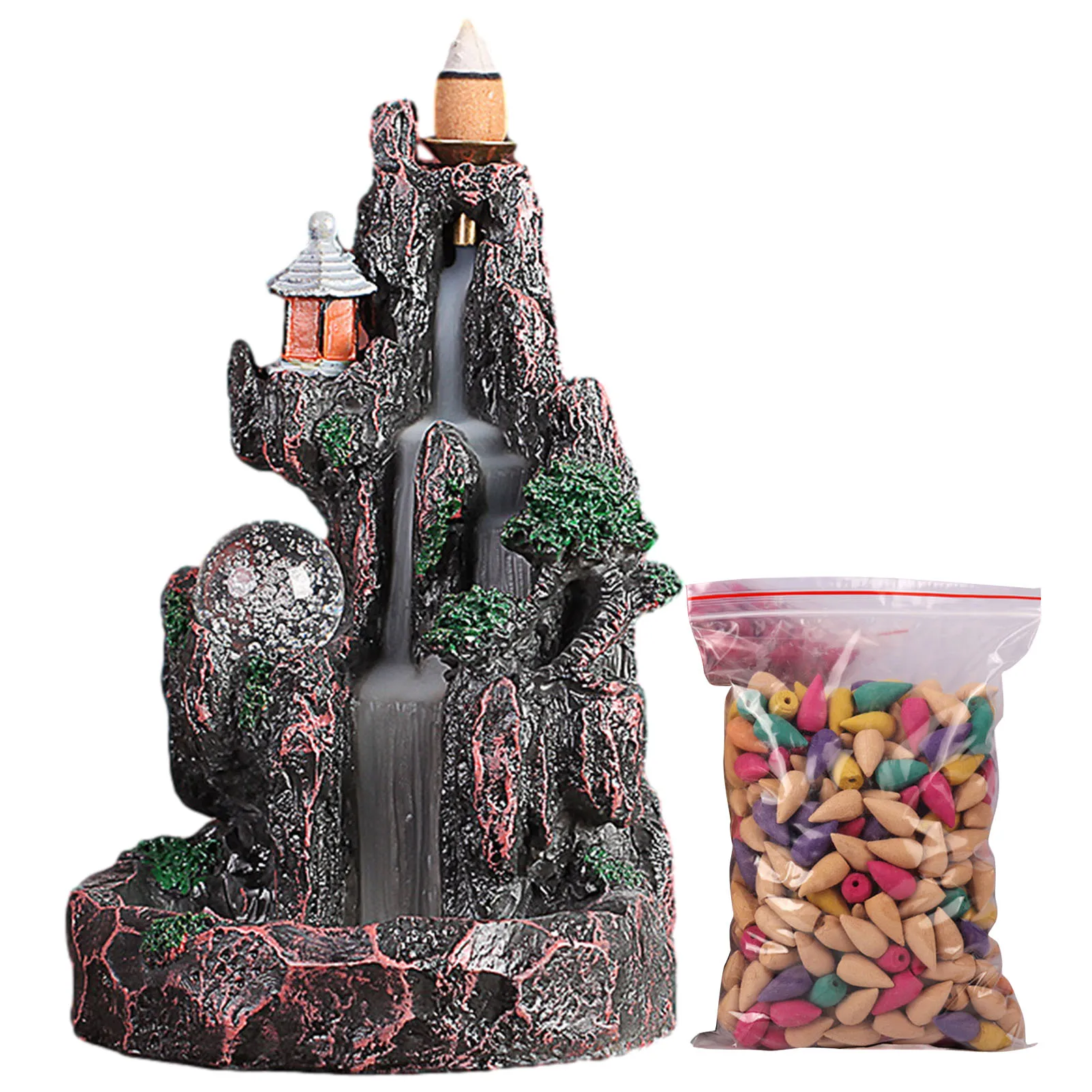 Incense Smoke Waterfall Backflow Incense Burner Holder Mountain River With 50 Cones Crystal Ball For Home Decor Dropship