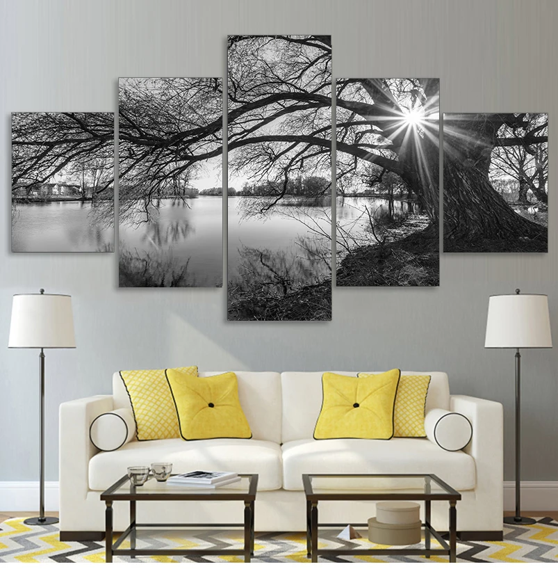 ArtSailing HD printed black white painting tree river canvas wall art 5 piece Painting for living room decor posters