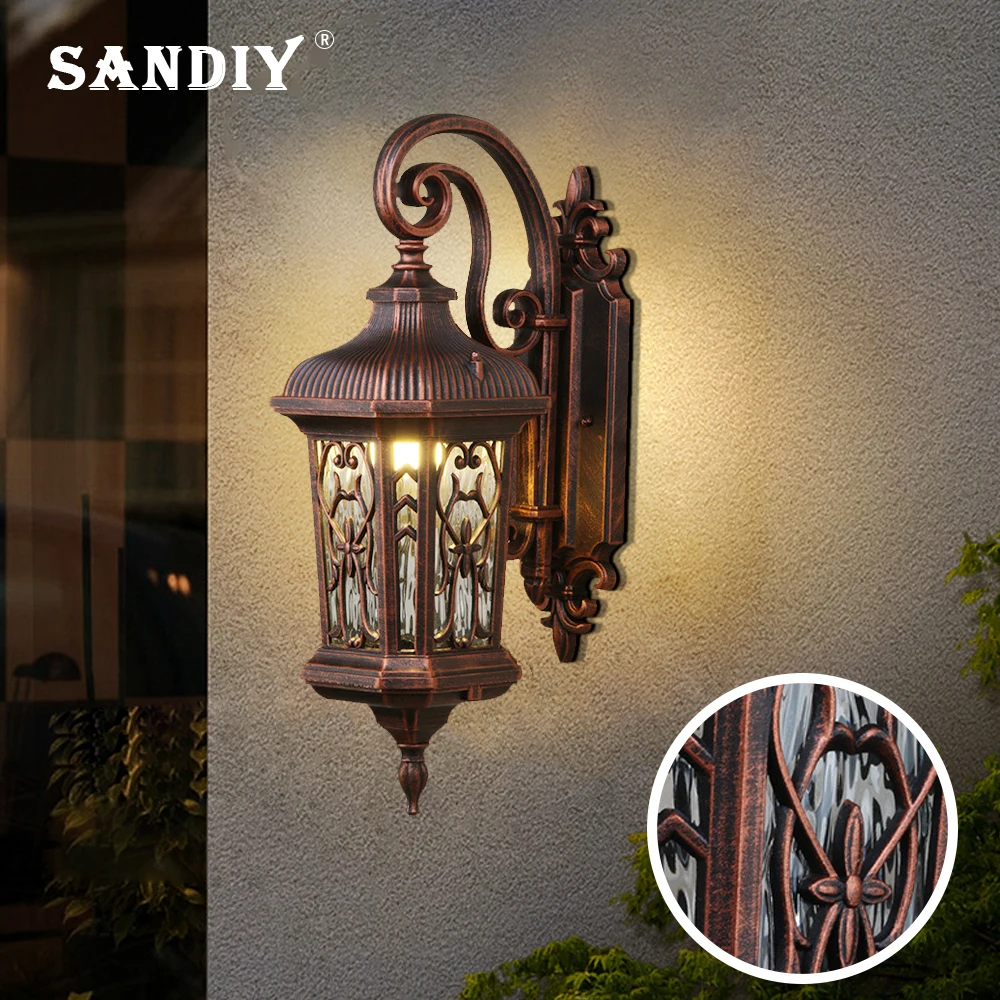 SANDIY LED ganek zewnętrzny światła lampa Retro wodoodporna europejska oświetlenie w stylu Vintage dla brama Patio ściana zewnętrzna kinkiet E27/E26