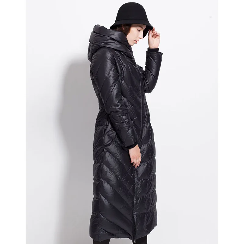 Womens Winter down coat waterproof long thick puffer hat black 4XL dark blue female jackets