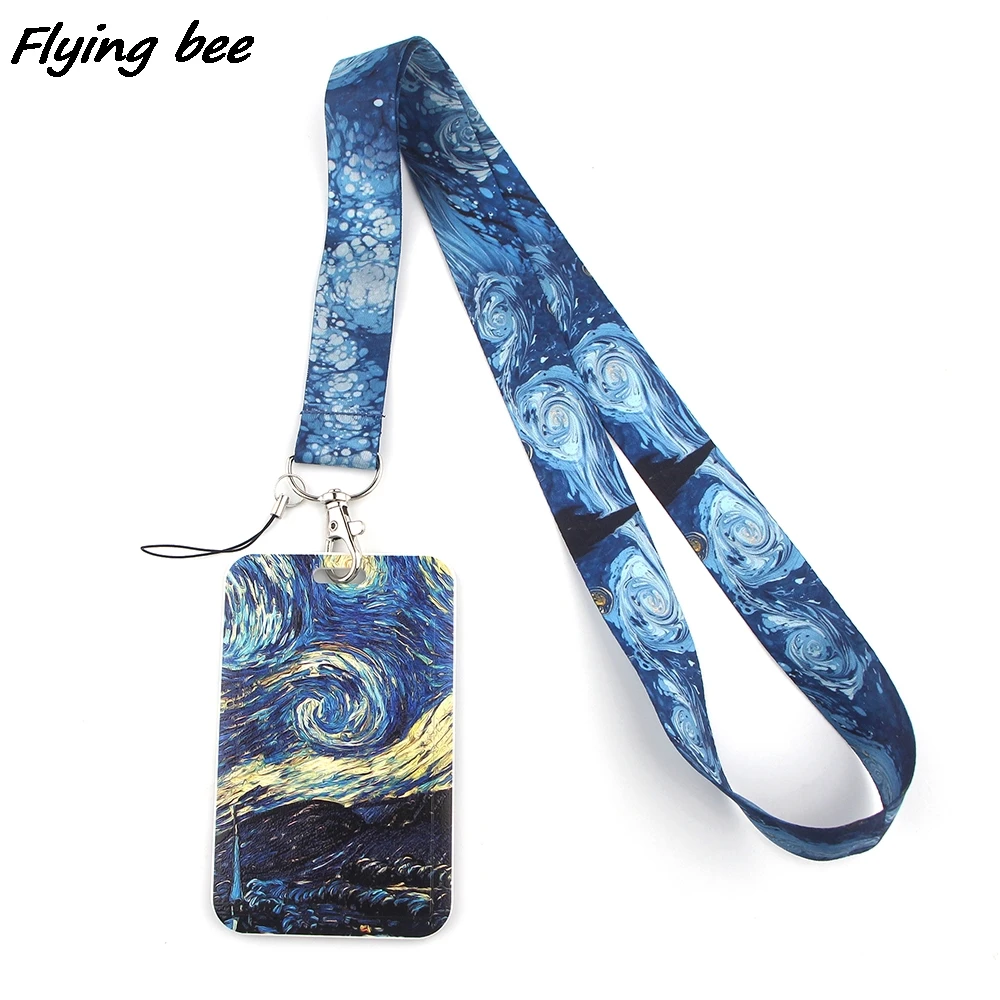 Flyingbee Painting Art Cat Lanyard Card ID Holder Car KeyChain ID Card Pass Gym Phone Badge Kids Key Ring Holder Jewelry X1442