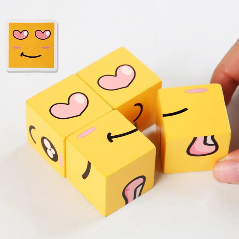 Children Montessori Toys Magic Face Changing Expression Puzzle Building Blocks Wooden Learning Education Gifts for Kids Girls