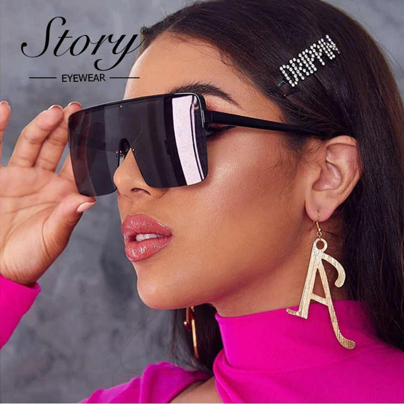 STORY Fashion One Piece Lens Oversized Sunglasses Women Men 2021 Brand Designer Trendy Flat Top Mirrored Blue Big Goggles S4314