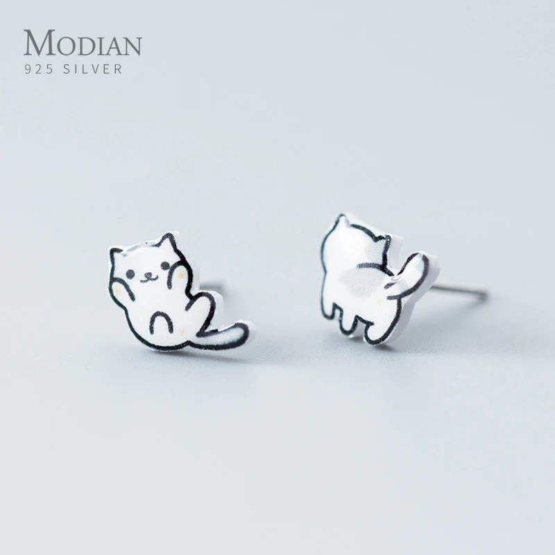 Modian-bonito Lucky Cat Stud Brincos para meninas, 925 Sterling Silver, adoráveis jóias, presentes para crianças, acessórios de moda