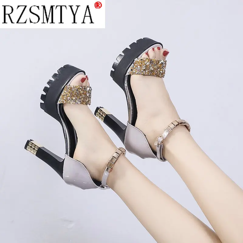 New Summer Women High Heels Wedding Party Sandals Open Toe Ankle Strap Chunky Heels Rhinestone Platform Sandals Diamond Shoes