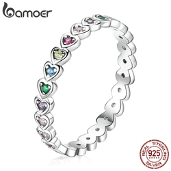 BAMOER Silver Rainbow Love Ring Crystal Heart 925 Sterling Silver Jewelry Enamel Colorful Stars Ring for Women Wedding Jewelry