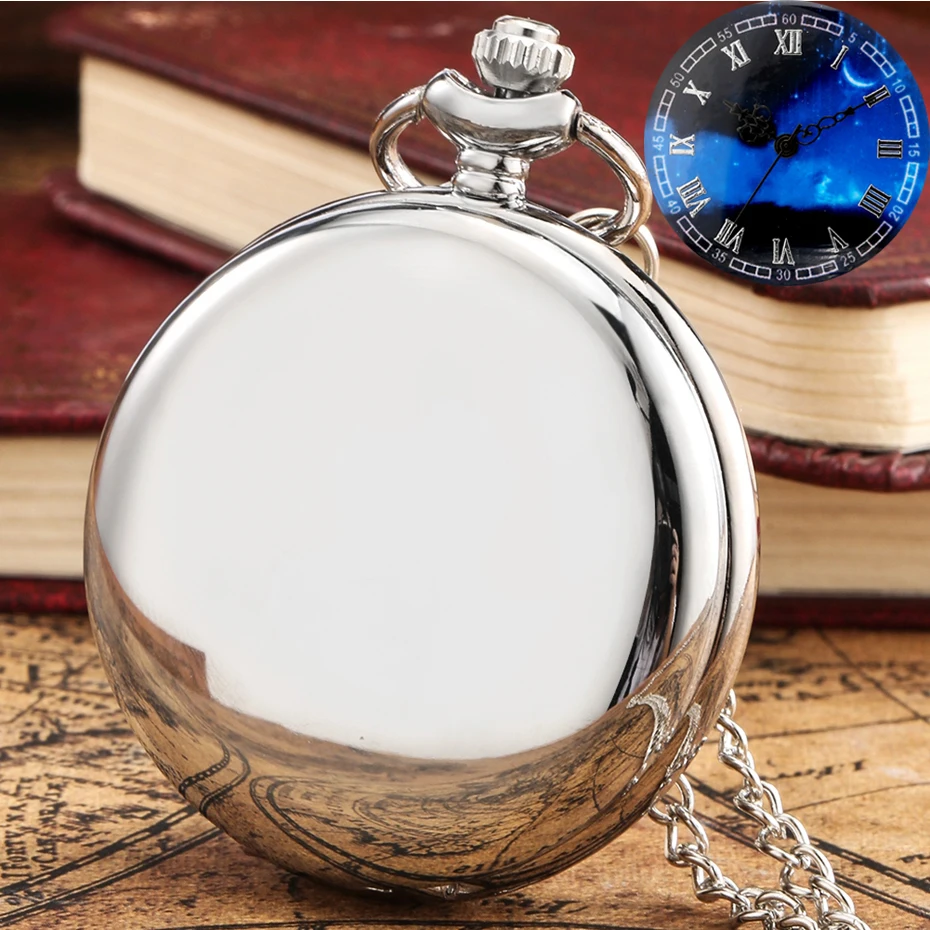 Unique Starry Blue Dial Retro Black/Silver Smooth Face Quartz Pocket Watch Necklace Pendant Analog Souvenir Gifts for Men Women