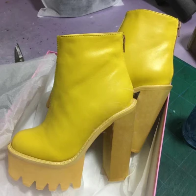 Yellow Cow Leather High Platform Super Chunky Heel Ankle Boots Women Top Quality Round Toe Back Zip Short Boots