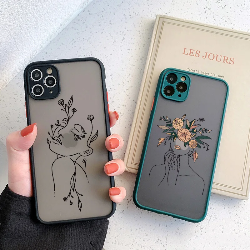 Line Art Sketch Flower Girl Protection Phone Case For iPhone 15 12 11 13 14 Pro MAX X XS XR SE2 15 14 7 8 Plus Translucent Cover