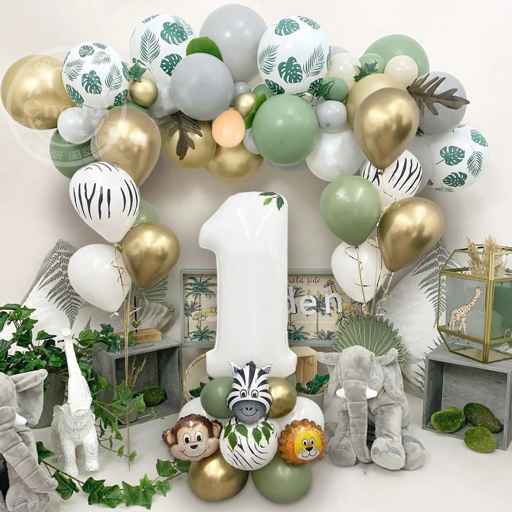 Jungle Animal Number Balloon Set Retro Avocado Green Metallic Gold Latex Balloon 1 Year Old Birthday Party Baby Shower Decoratio