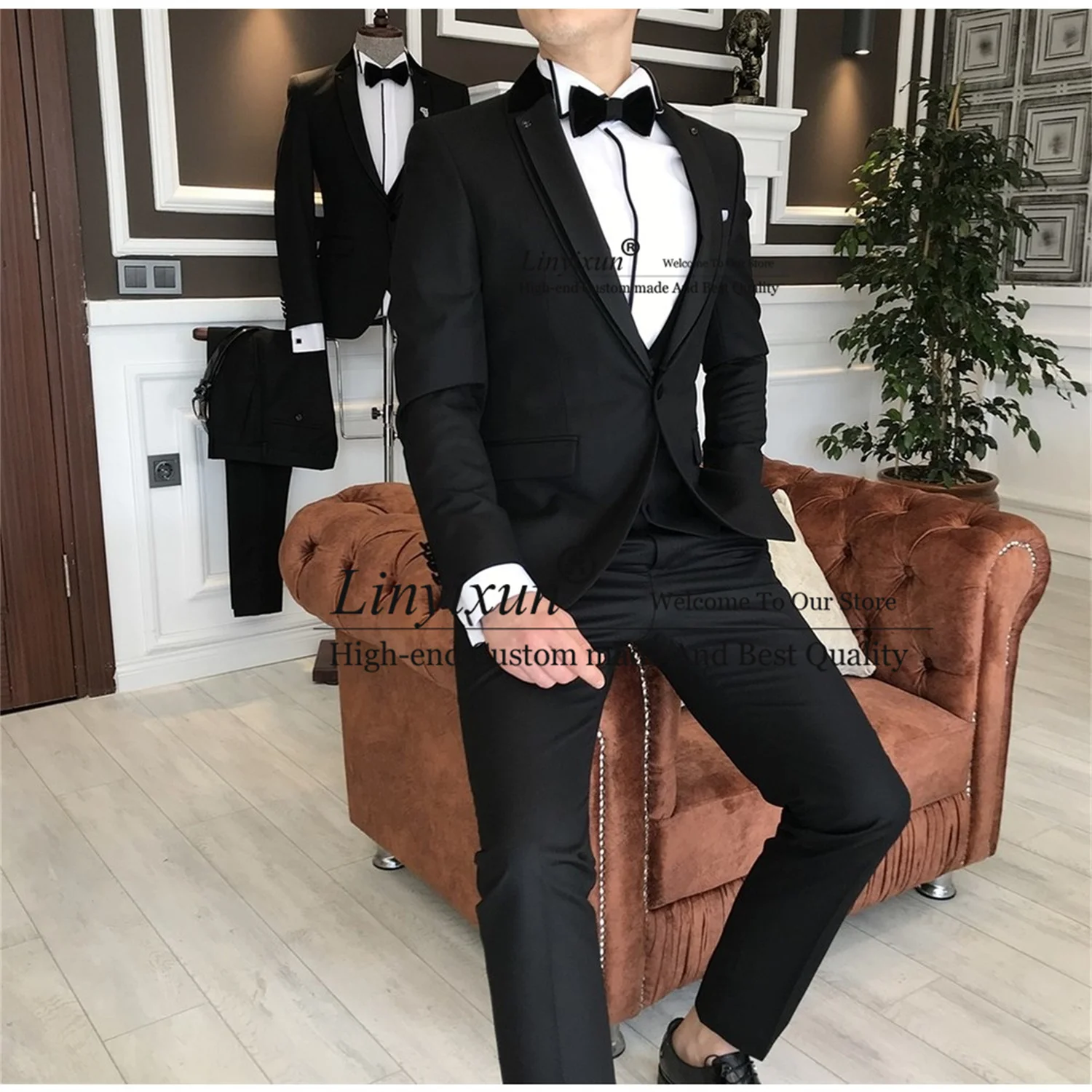 

Classic Black Mens Suits Slim Fit Peaked Lapel Wedding Groom Tuxedos 3 Pieces Jacket Vest Pants Set Business Male Working Blazer