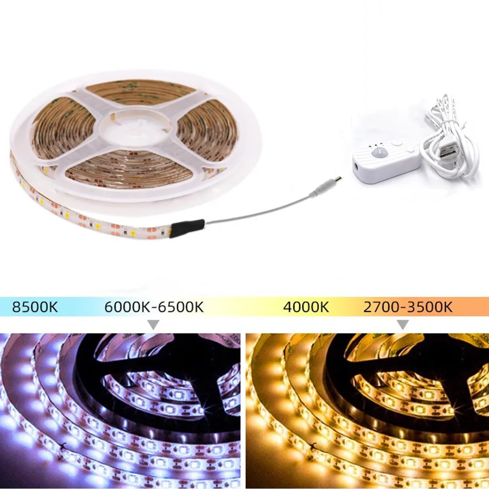 USB LED Strip Light PIR Motion Sensor Tape Rope Waterproof Under Cabinet Dimmable Night Lamp For Kitchen Closet Wardrobe Stairs