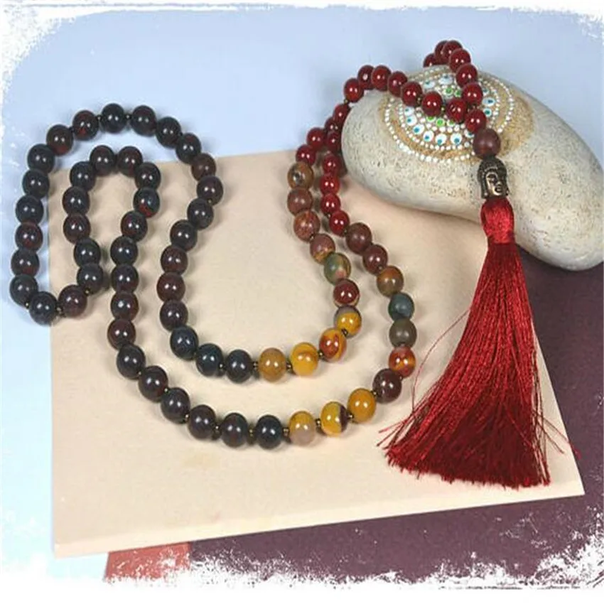 

8mm Black Dragon Blood Stone red agate 108 Beads Mala Necklace Buddhism MONK Ruyi pray Yoga