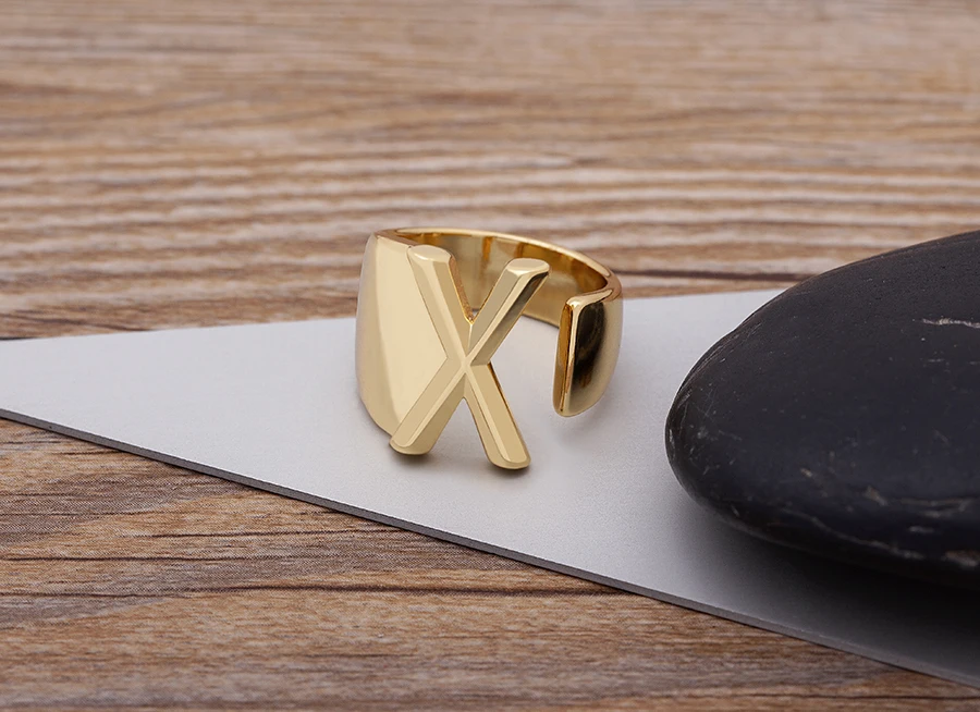 Trendy Hollow A-Z Letter Gold Color Adjustable Opening Ring Initials Name Alphabet Female Chunky Wide Party Wedding Jewelry