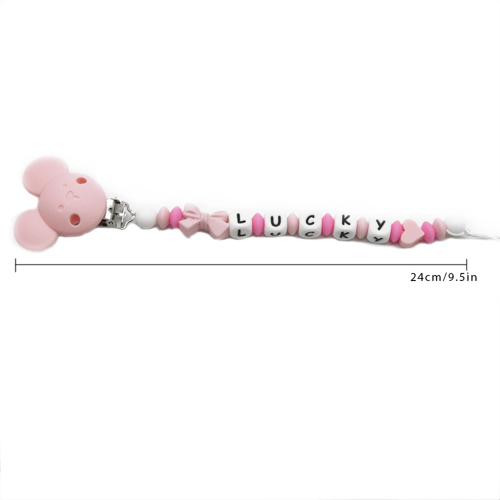 Cute-idea 1set Mouse Silicone Personalised Name Baby Pacifier Clips Silicone Beads Bowknot Pacifier Chain Baby goods Shower Gift