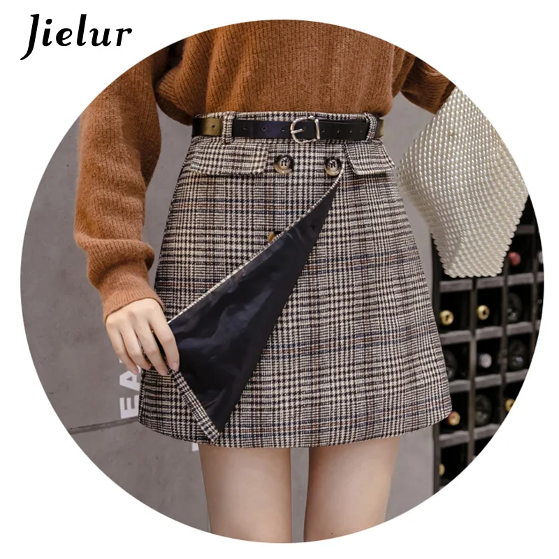 Jielur-saia estampada xadrez com botões, moda coreana, slim, com alças, para outono e inverno 2021