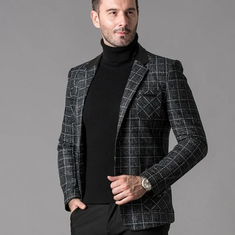 Mens Luxury Sheepskin Genuine Leather Formal Suit Jacket Slim Fit Business Man Plaid Blazer Coat Wedding Party Dress Jackets 5XL