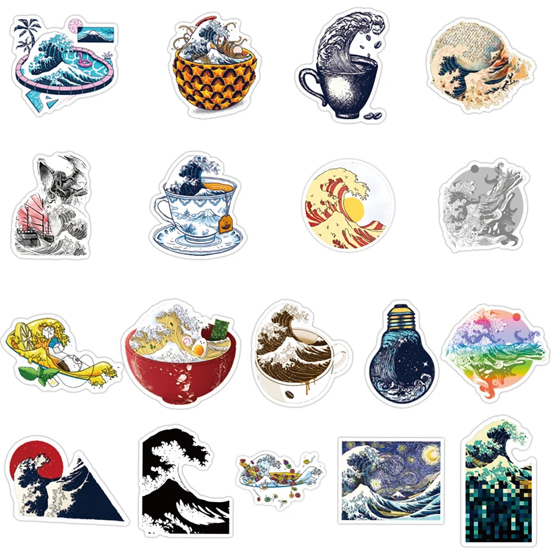 10/30/50PCS Cartoon Sea Wave Spray Round Stickers Graffiti Skateboard Guitar Luggage Laptop PVC Decals Sticker Kid DIY Toys F5