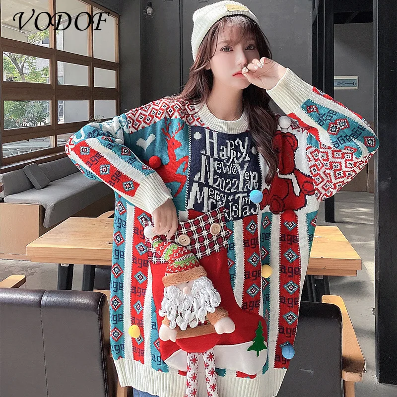 VODOF Christmas red long sleeve women casual sweater autumn winter Animal design female pullover Fashion knitted sweater tops