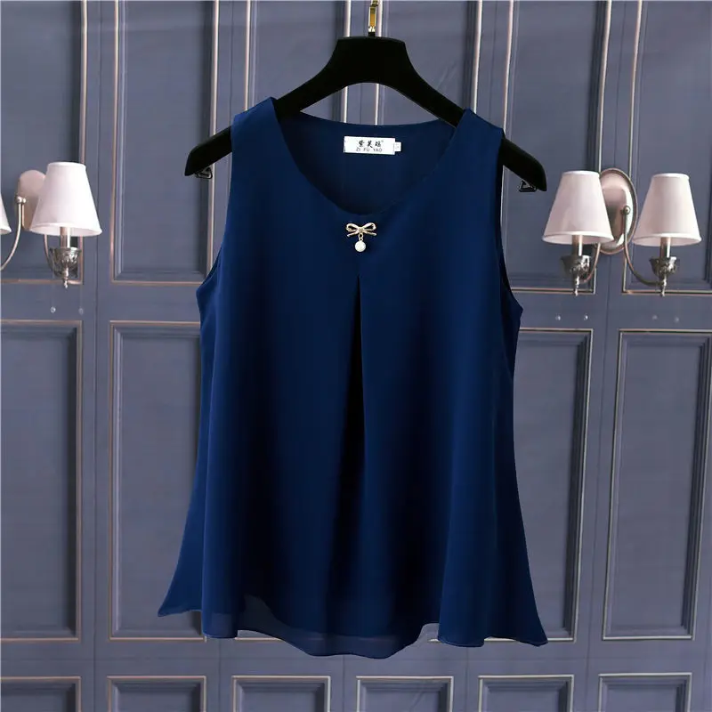 Obesity Women Chiffon Shirt 2025 New Summer Sleeveless O-neck Blouse Casual Solid White/Red Loose Oversized Female Tops