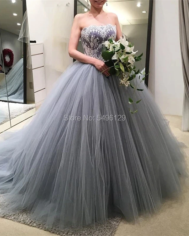 White Appliques Silver Grey Tulle Wedding Dresses Vestido De Noiva Off The Shoulder Sweetheart Princess Bridal Gowns Bride Dress