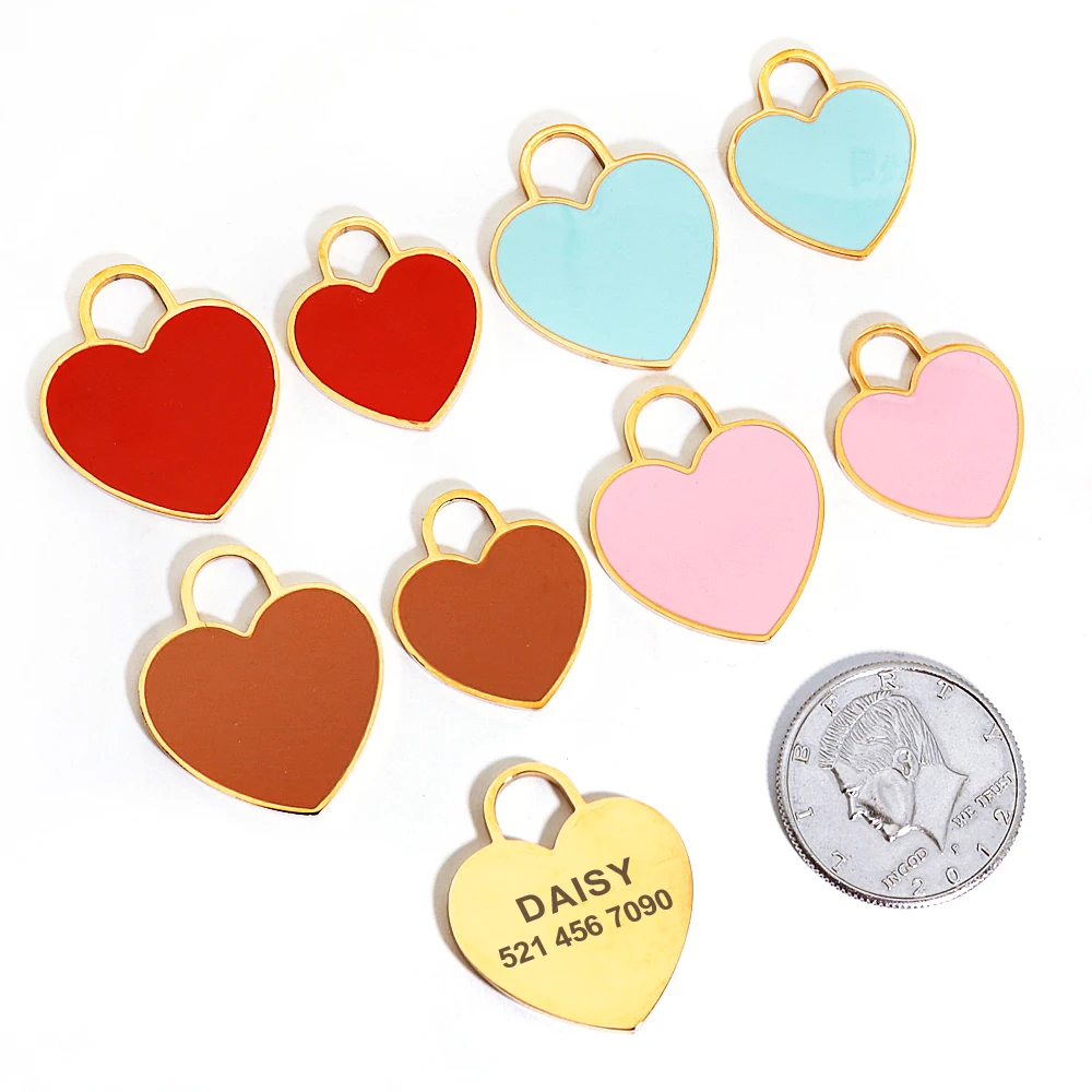 Custom Heart Dog ID Tag Engraved Small Medium Large Pet Nameplate Stainless Steel Personalized Fashion Gold Dog Tag Anti-lost