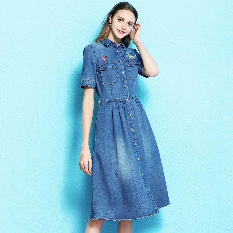 

Brand Top Embroidery Pockets Short Sleeve Womens Denim Dresses Fashion Single Breasted Lapel Medium Length Female A-Line Dresses