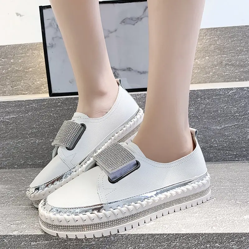 Aphixta Luxury Crystals Hook & Loop Round Toe Flats Women 3cm Chunky Sole Platform Casual Female Rhinestone Shoes Big Szie 43