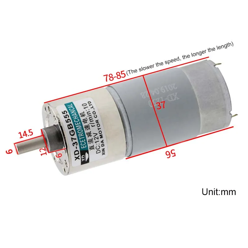 1pcs XD-37GB555 37mm Motor DC 12V/24V 15W High Torque Gear Box GearBox Electric Gearmotor Adjustable Speed CW/CCW 10RPM-600RPM