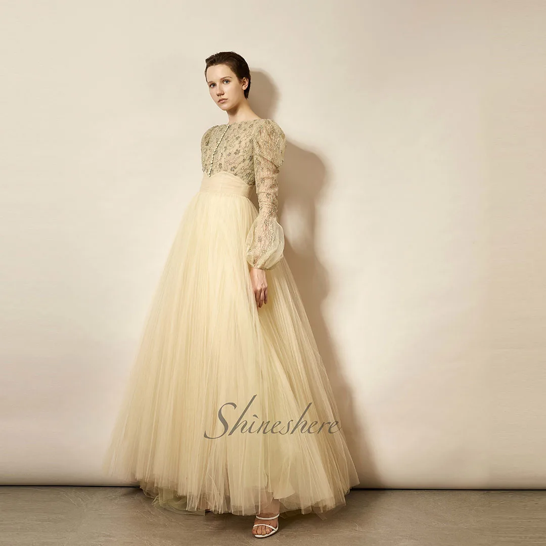 Jusere evening dress elegant party dress with puffy sleeves golden beads evening gown with sweep train