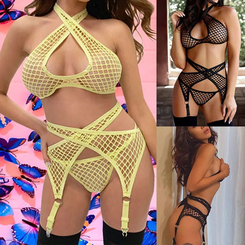 

BKLD Underwear Sexy Suits New Mesh Stitching Fishnet Hollow Out Crop Top Shorts Sets Three Piece Outfits Party Clubwear Solid