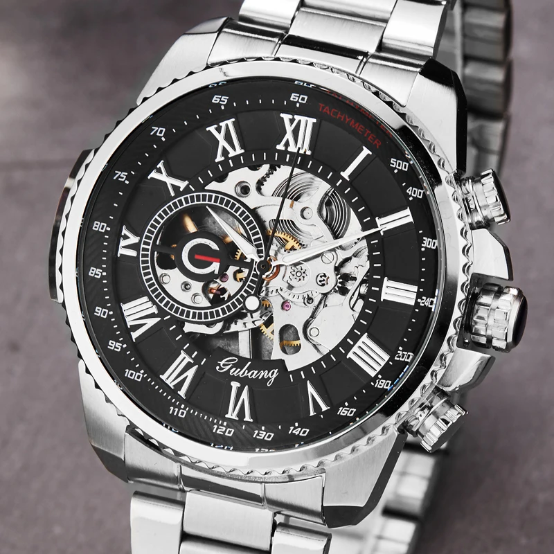 Sliver Moonphase Skeleton Sport orologi meccanici da uomo bracciale in maglia trasparente in acciaio inossidabile orologio da uomo di lusso di marca superiore