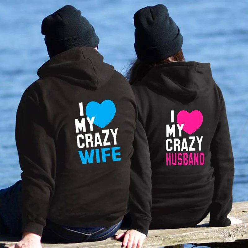 Women Men Lovers Sweatshirt Couple Hoodies Chritsmas Lovers Couples I LOVE MY CRAZY HUSBAND I LOVE MY CRAZY WIFE