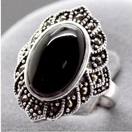 17X22MM Oval Black Agate Marcasite 925 Sterling Silver Ring 6/7/8/9