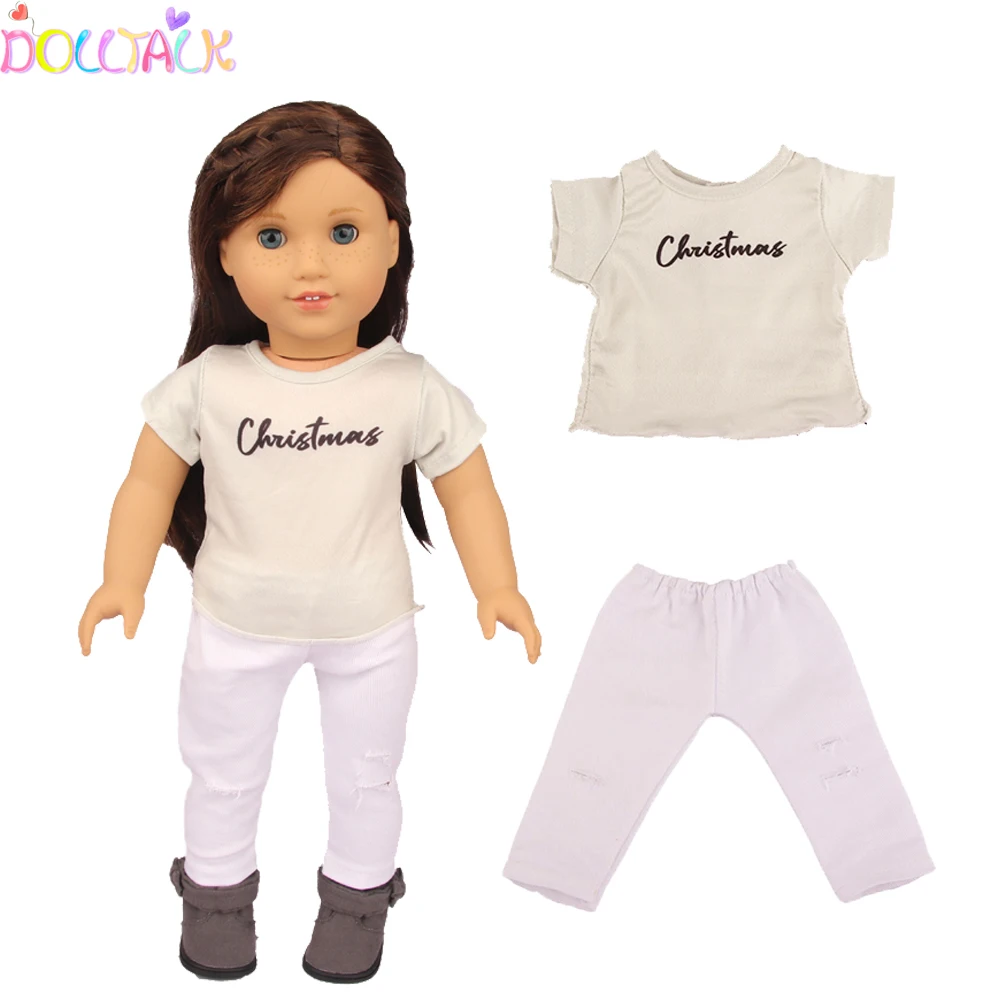 18 Inch American Doll Clothes Set White Letter(Christmas)T-shirt+Pants Suit For 43cm New Baby Reborn Doll Fir DIY OG Girls Doll