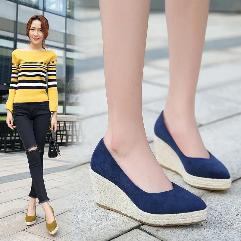 Suede princess women wedge shoes pointed toe pumps high heels platform Mary Jane office lady pumps party espadrilles cute shoesb