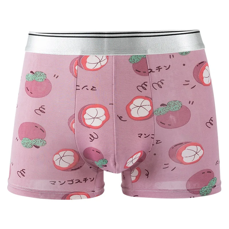 3XL Large Size Summer Ice Silk Breathable Fashion Yong Man Fruit Print Boxers Thin Middle Waist Elasticity Cartoon Underwear