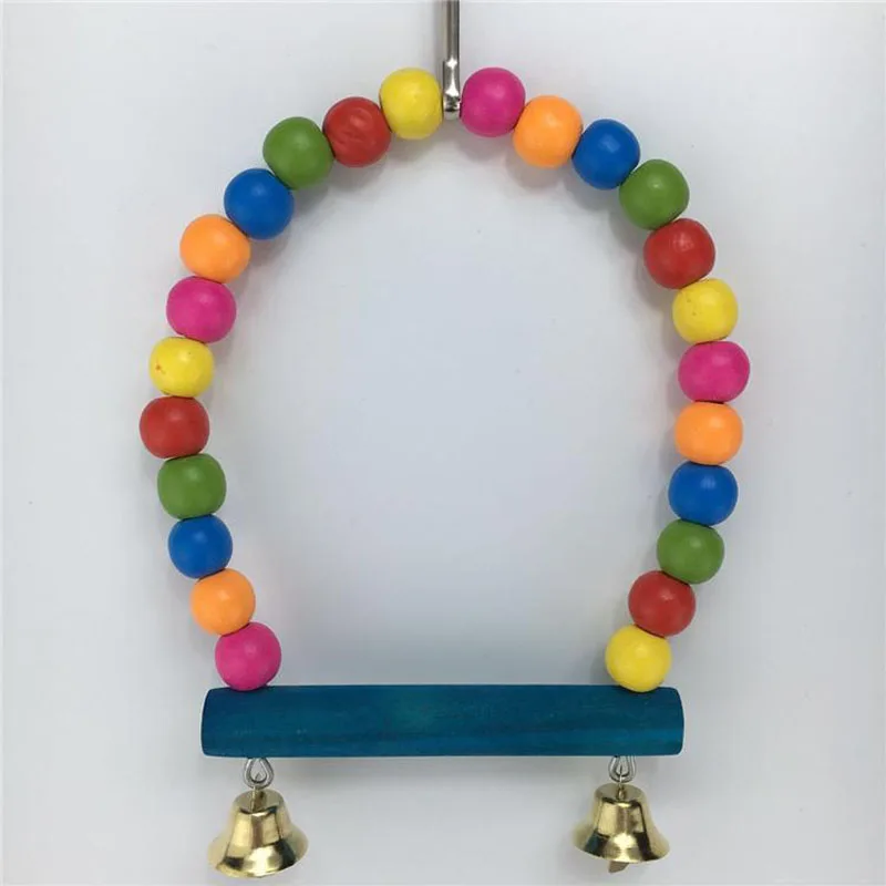 1PC Natural Wooden Parrots Swing Toy Birds Colorful Beads Bird Supplies Bells Toys Perch Hanging Swings Cage for Pets