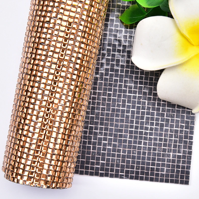 24X40Cm Bling Gold Crystal Hot-Fix Glue Mesh Rhinestone 5Mm Square Self Adhesive Topaz Stone For Motif Diamond Sheet Banding